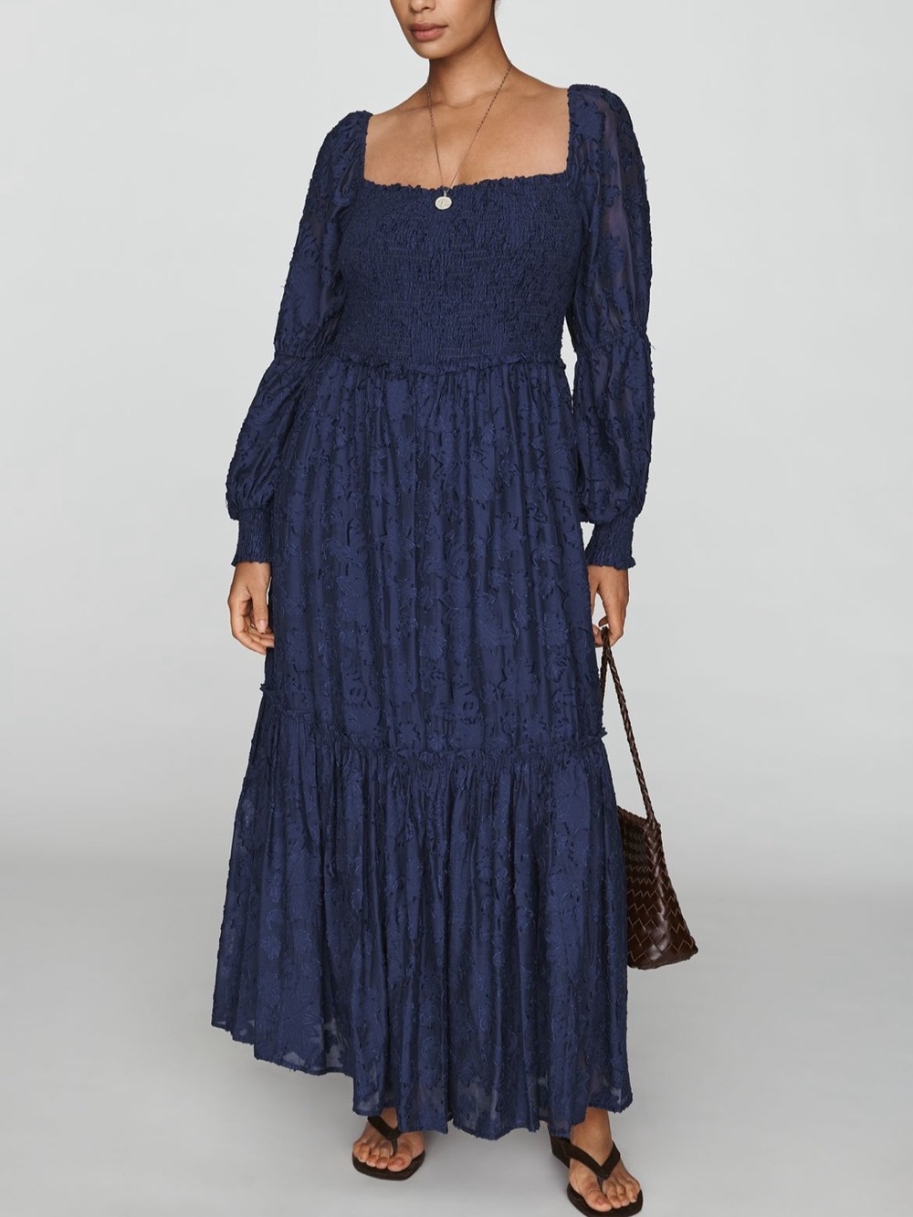 Anthropologie Navy Smocked Square-Neck Maxi Dress